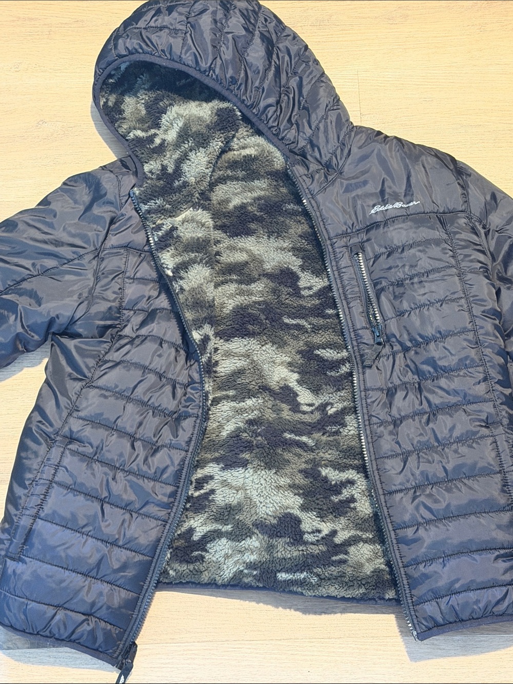 Eddie Bauer Kids Navy Hooded Puffer with Camouflage Sherpa Lining